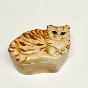 Carol Halmy Handcrafted Porcelain Tabby Cat Kitten Trinket Box